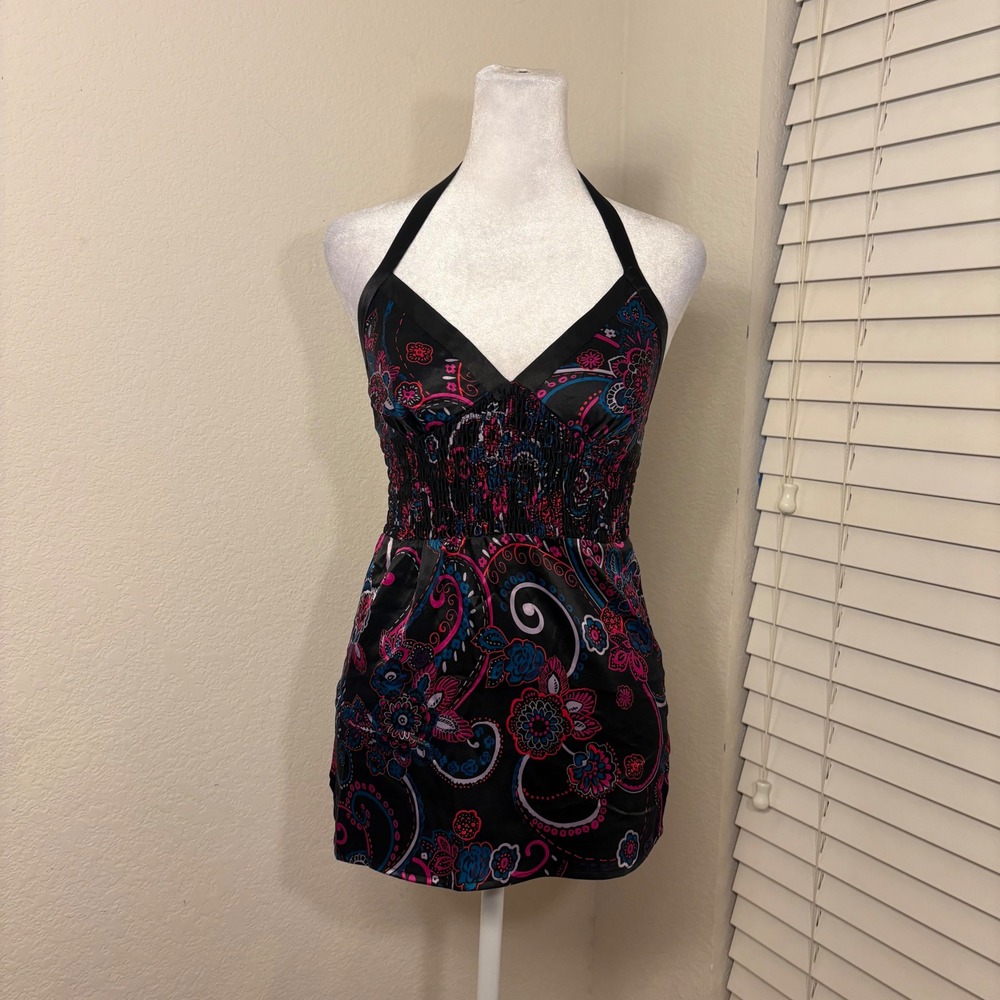Guess Womens XS Halter Top Black Paisley Floral Smocked Waist‎ Satin Y2K